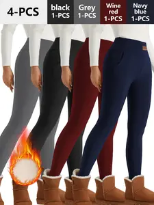 4pcsWomen's Solid High Waist Thermal Lined Sports Leggings, Casual Comfy Breathable Skinny Pants for Yoga Gym Workout Running, Ladies Sportswear for All Seasons, Women's Tight Pants Women'S Tight Pants, Tummy Control