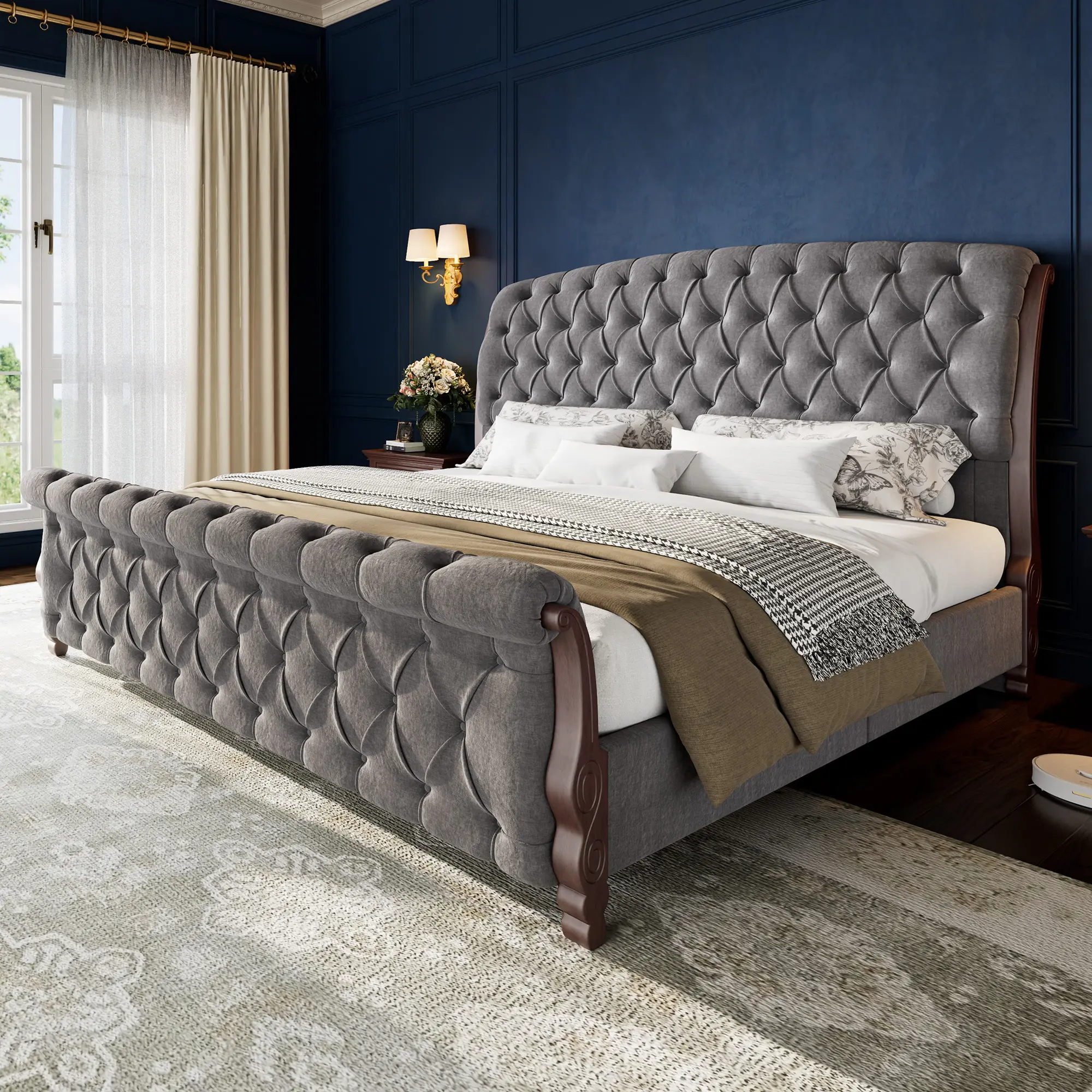 AMERLIFE Upholstered Bed Frame, 53" Tall Sleigh Bed with Button Tufted Chenille Headboard and Footboard, Platform Bed with Carved Solid Wood Legs, No Box Spring Needed #homemakeover