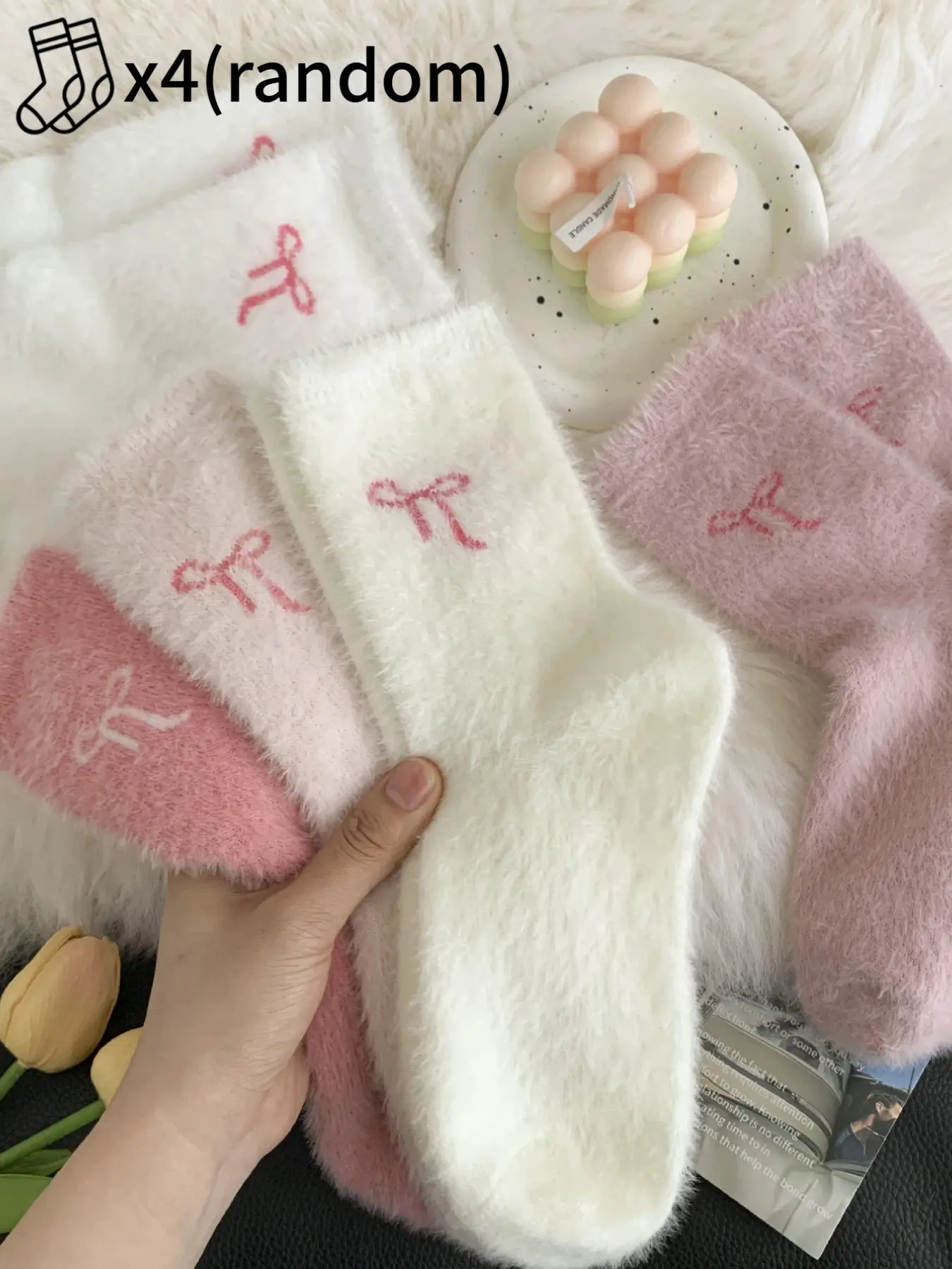 4 pairs / 12 pairs of soft plush cute bow-patterned women's thickened mid-calf Soft Comfy Socks, white and pink sent randomly, warm and comfortable style for autumn and winter, home casual style, Fitted style Womenswear