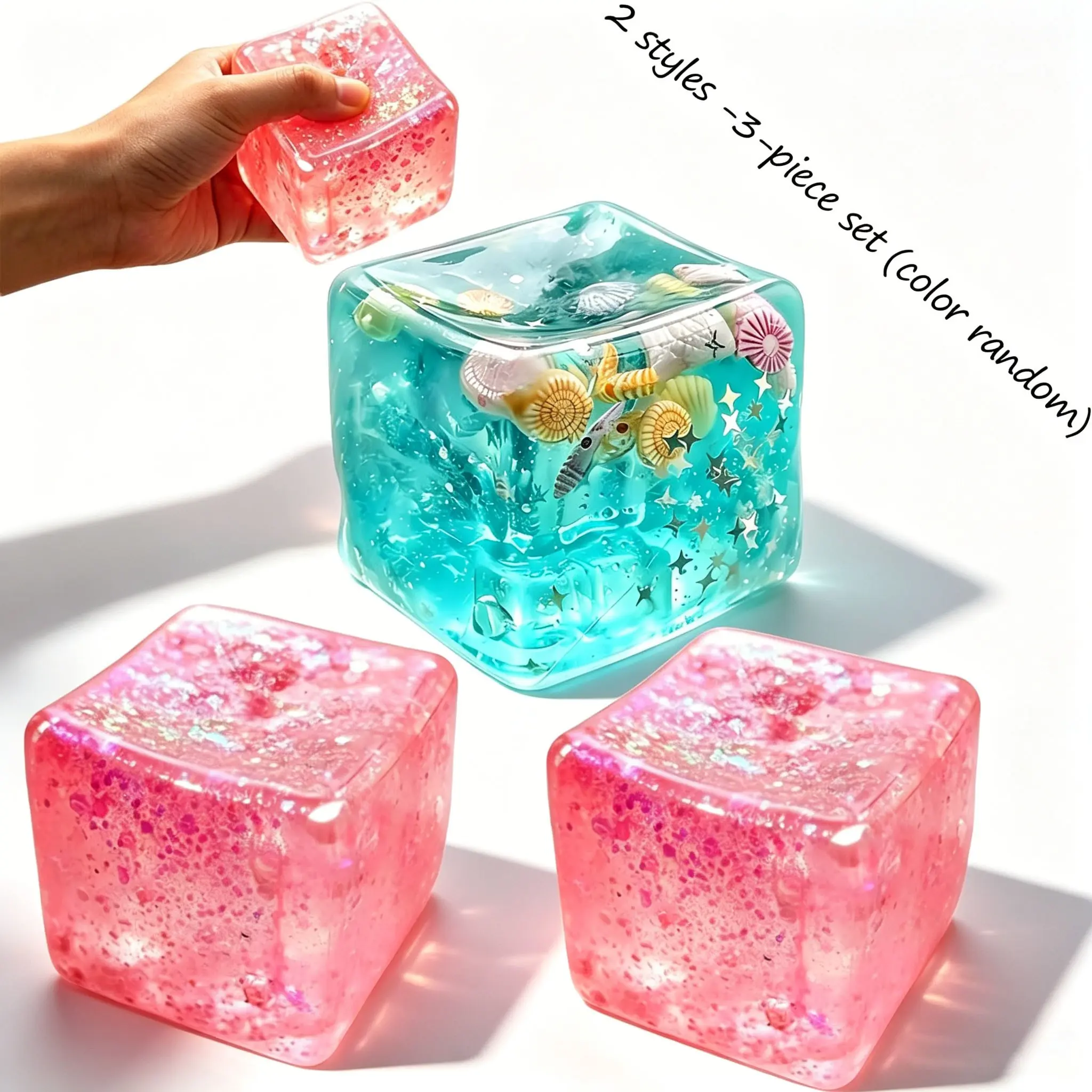 3 Piece Ocean Cube Slippery Toy Set, Stress Relief Squeeze Toys, Decompression Cube, Soft Sensory Pressure Release, Shell Water Stripes, Holiday Gift, Stress Cubes