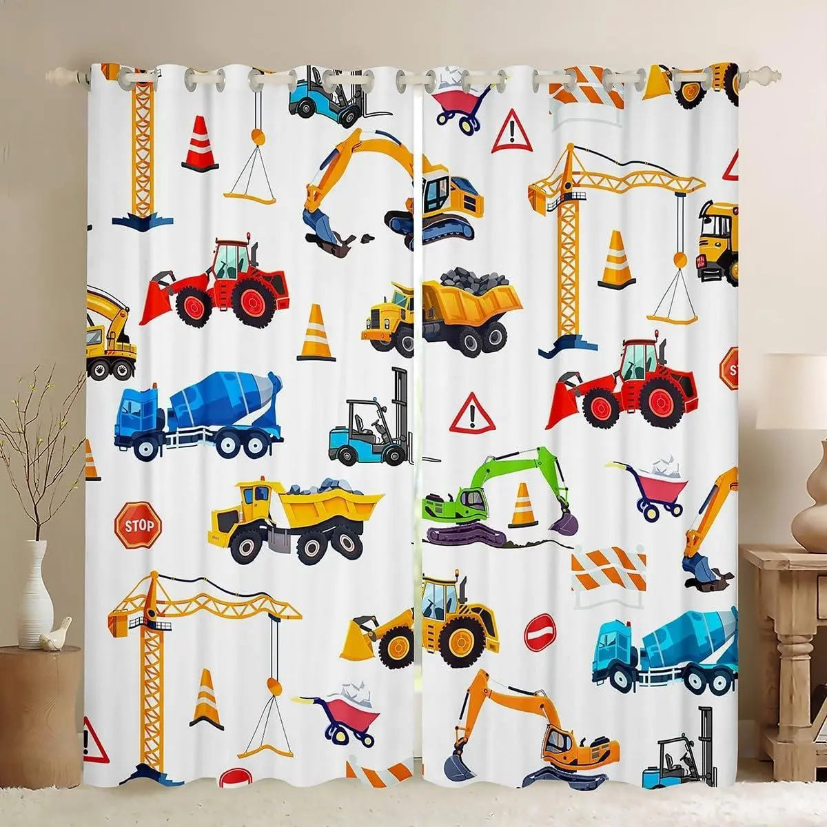 Feelyou Blackout Vehicle Print Curtains - Construction Excavator Trucks Design, 2 Panels Multi-Size All Seasons Window Covering Ideas for Bedroom Living Room Window Treatments