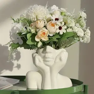 Artistic Resin Material Vase with Human Face Design, Decorative Flower Vase, Nordic Home Decor, Double-Handheld Floral Arrangement Vase for Tabletop Display