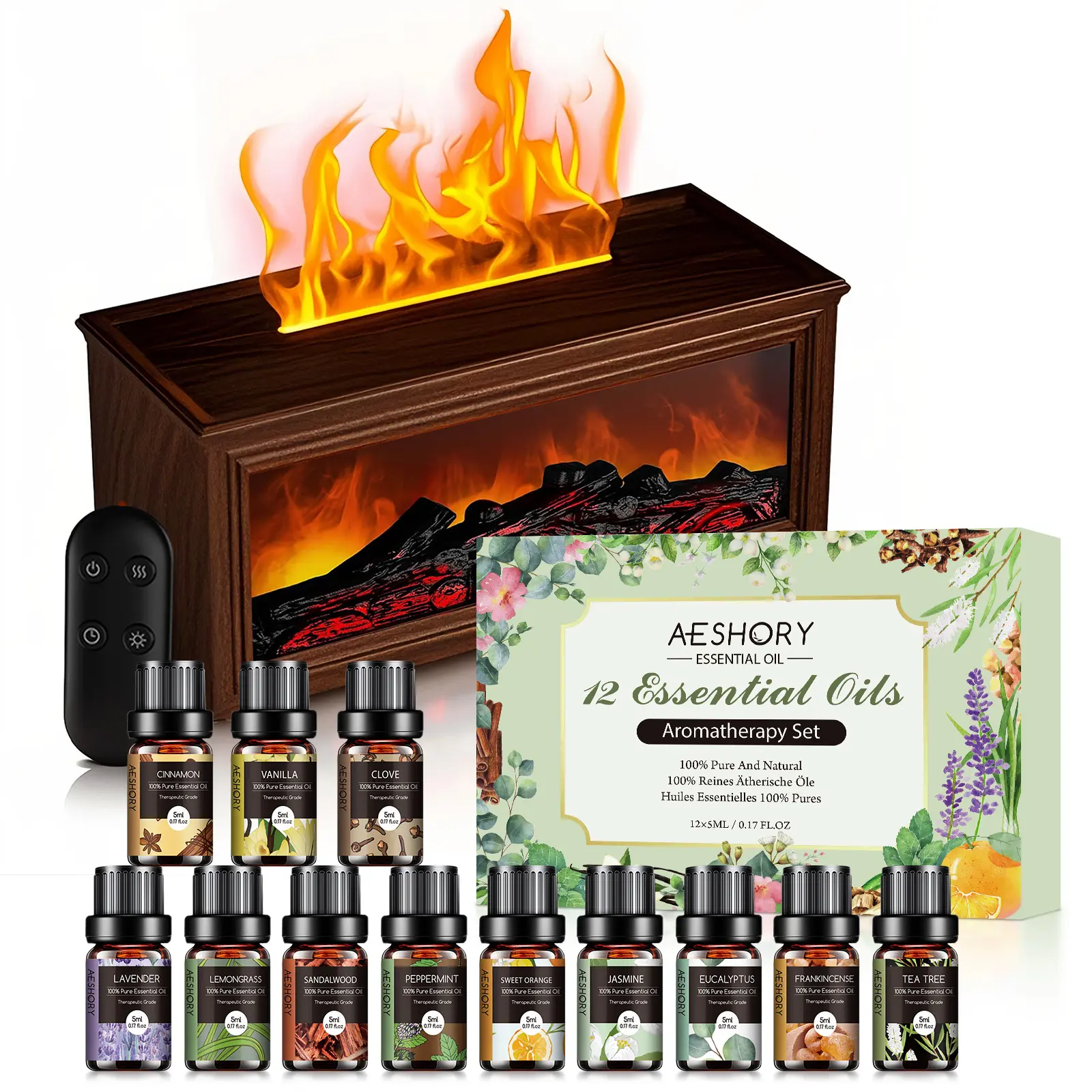 Fireplace Flame Air Diffuser Humidifier,7 Colors Aromatherapy Essential Oil Diffuser,Ultrasonic Aroma Humidifier with Timer for Home,Bedroom,Office,Yoga (Wood, L)