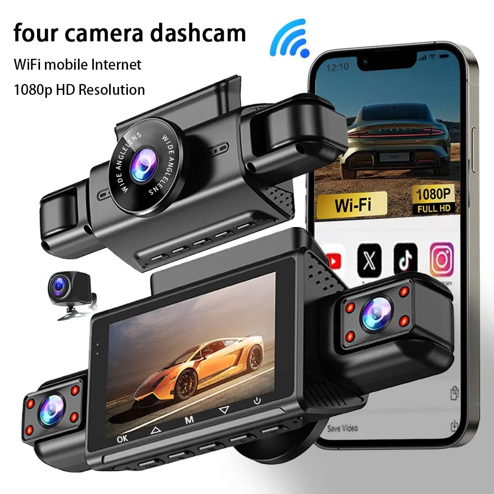 360° 4 Channel WiFi HD Dash Camera - 1080P Full HD, Night Vision, G-Sensor, 24/7 Parking Surveillance for Car Security, Driving Safety & Accident Evidence Recording, WiFi Dashcam