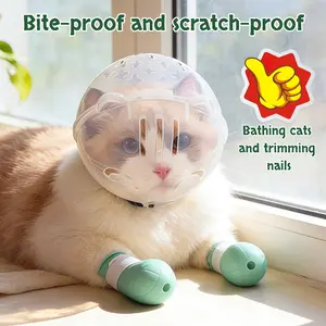 1 set of cat grooming supplies: adjustable transparent cat helmet & cat paw protectors, breathable, bite-proof and scratch-proof, suitable for cats and Kittens during bathing and nail trimming, lightweight design, comfortable fit, pet-safe materials