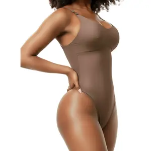 Women's Seamless Tummy Control Panty Thong Bodysuit Minimalist Shapewear - Built-in Bra, Adjustable Straps, Everyday Compression, Smooth Essential Fabric, Comfortable, Breathable