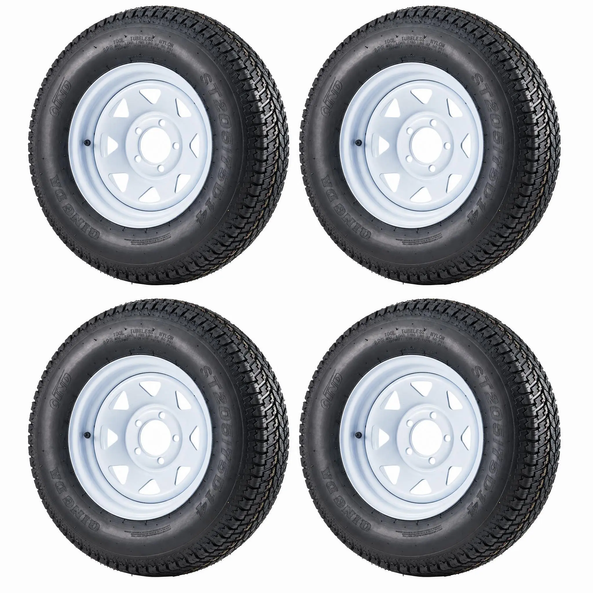 ST205/75D14 Trailer Tires with 14'' Rims, 5 Lug on 4.5'', Load Range C, 6PR (4)