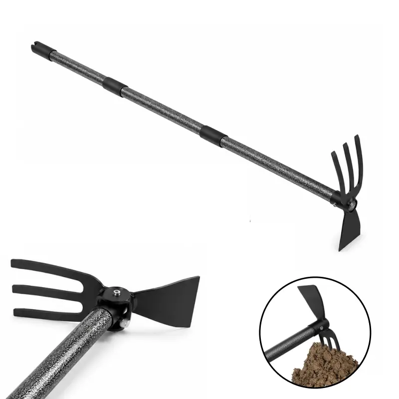 2-in-1 Weed+Cult Garden Hoe & Cultivator Tool with 3-Tine Weed Lift, Modular Splice 60-in Adjustable Size Handle Metal Rake Tiller, Rust-Resistant Lightweight Easy-to-Handle Durable Gardening Tools for Loose Dirt, Flower Beds