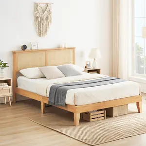 Rattan Bed Frame with Natural Rattan Headboard and LED Lights – Sturdy Sturdy Wood Platform with Silent Slats – No Box Spring Needed – Bohemian Bedroom Furniture FULL