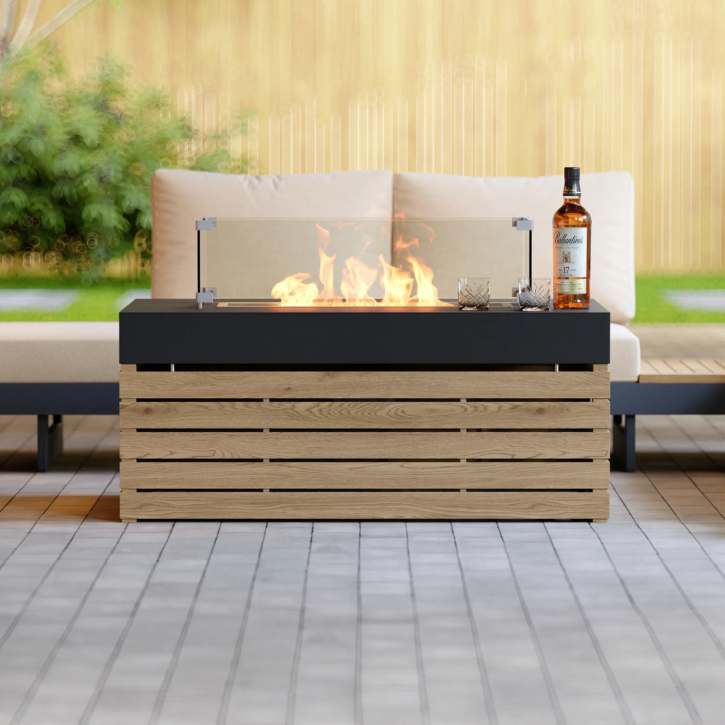 Homary Tevara 39" Gray Propane Smokeless Rectangular Glass & Metal Fire Pit Table - Garden Outdoor Heater with Tabletop Option for Space Illumination