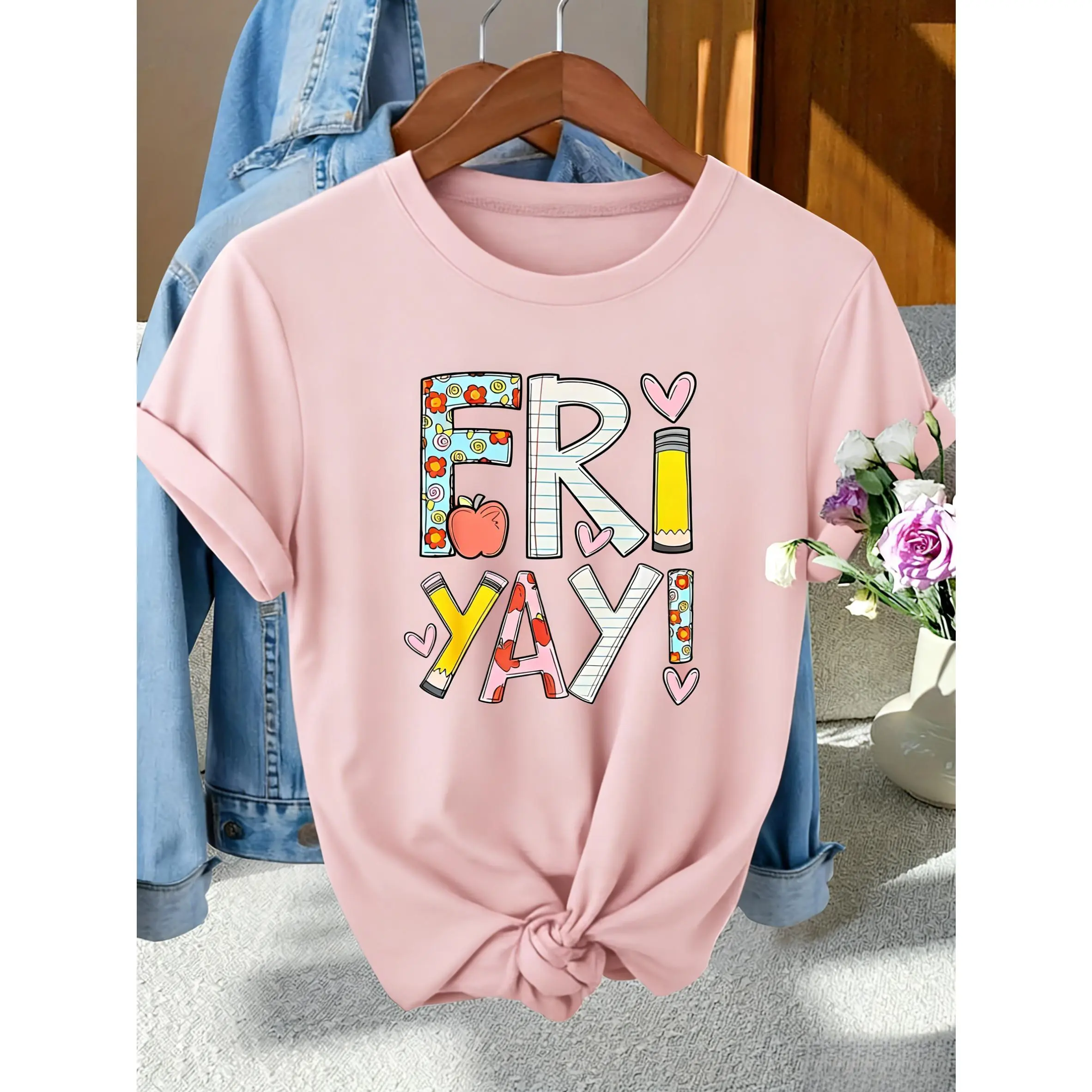 Women's Vintage "Fri Yay Print" Basic 100% Soft Light Cotton Short-Sleeve T-Shirt - Medium-Length Asymmetrical Cut, Machine-Washable All-Seasons Casual Top