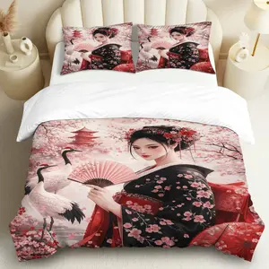 3PCS Duvet Cover Set, 1 Duvet+2 Pillowcases(Without filler), Geisha Crane Cherry Blossom Pagoda Fan theme, Lunar New Year bedding set, Japanese Art Oriental Elegance Suitable for decoration bedroom living room guest room hotel, Decorative Duvet Cover
