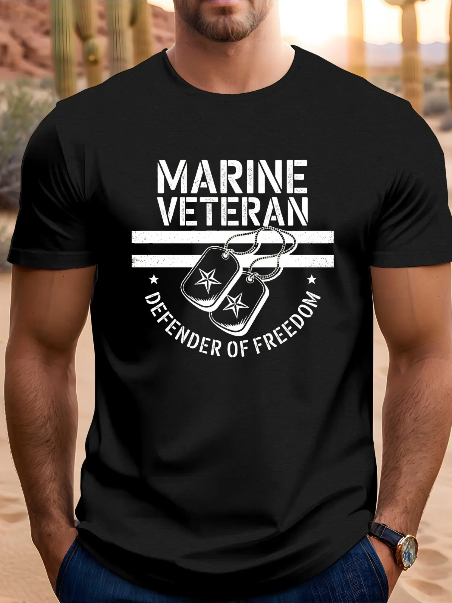 Men's Classic Round Neck Graphic Military Veteran Unisex Menswear T-Shirt - Heavyweight 100% Cotton Tee, Marine Corps Dog Tag Design, MARINE VETERAN/Defender of Freedom Text, Breathable Regular Fit, Machine Washable for Parades, Casual Attire, Prints, Fas