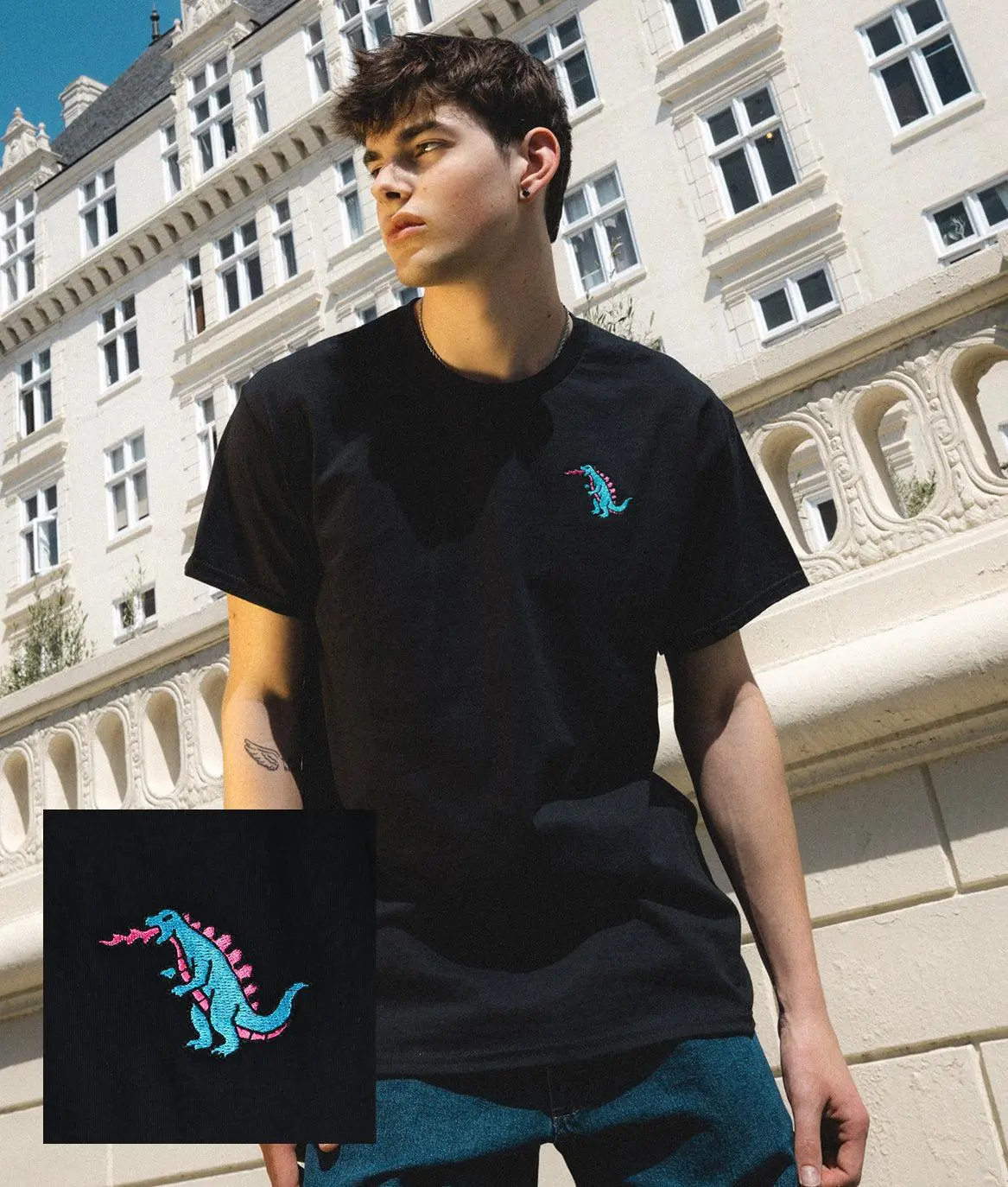 Godzilla Kaiju Embroidered Mens T-Shirt - Black