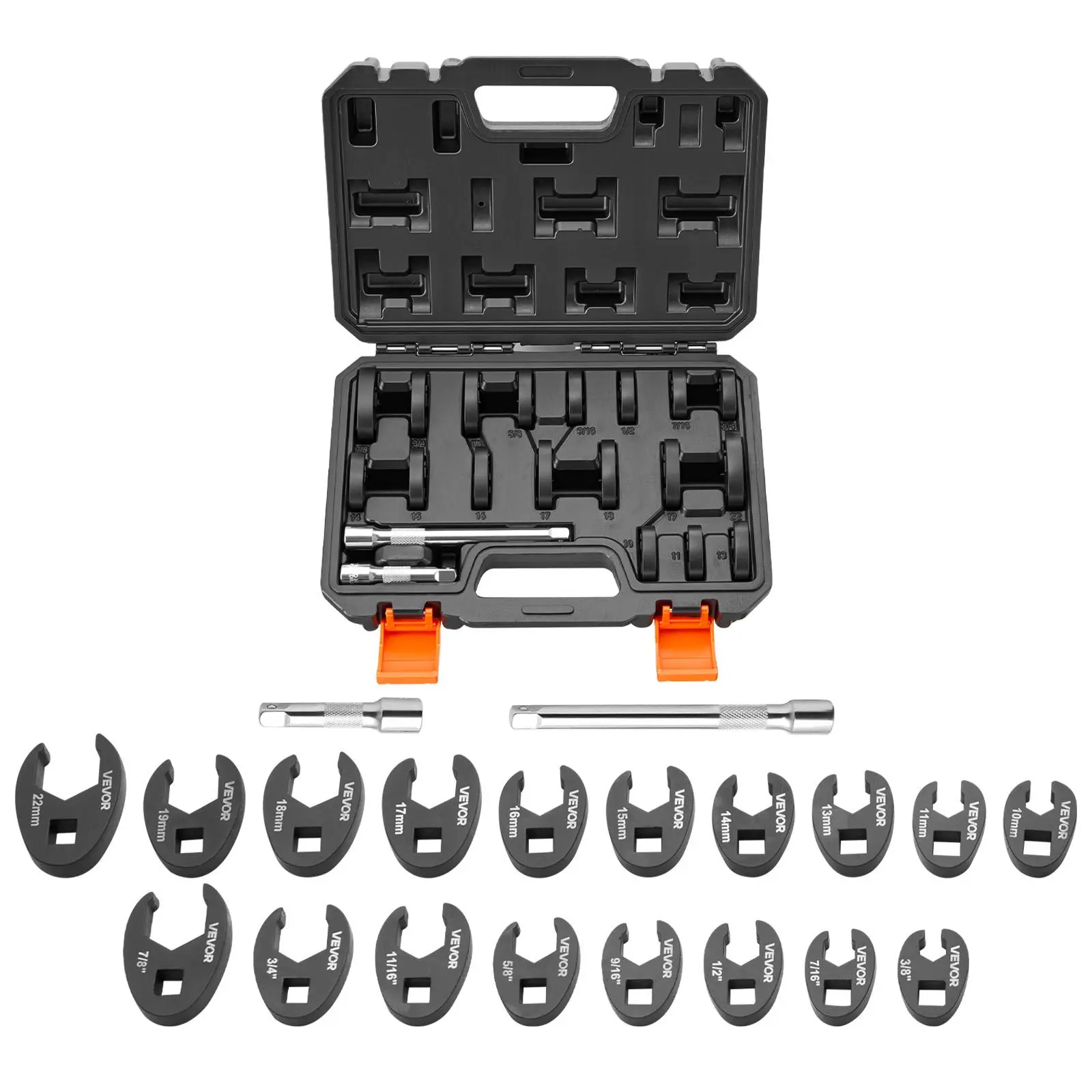 VEVOR 20-Piece Alloy Steel Crowfoot Wrench Set, 3/8" Drive Metric Sizes (Millimeters) & SAE Flare Nut Wrenches with Storage Case, Dual Size Markings, Slip Resistance Hand Tools for Auto Repair, DIY Projects