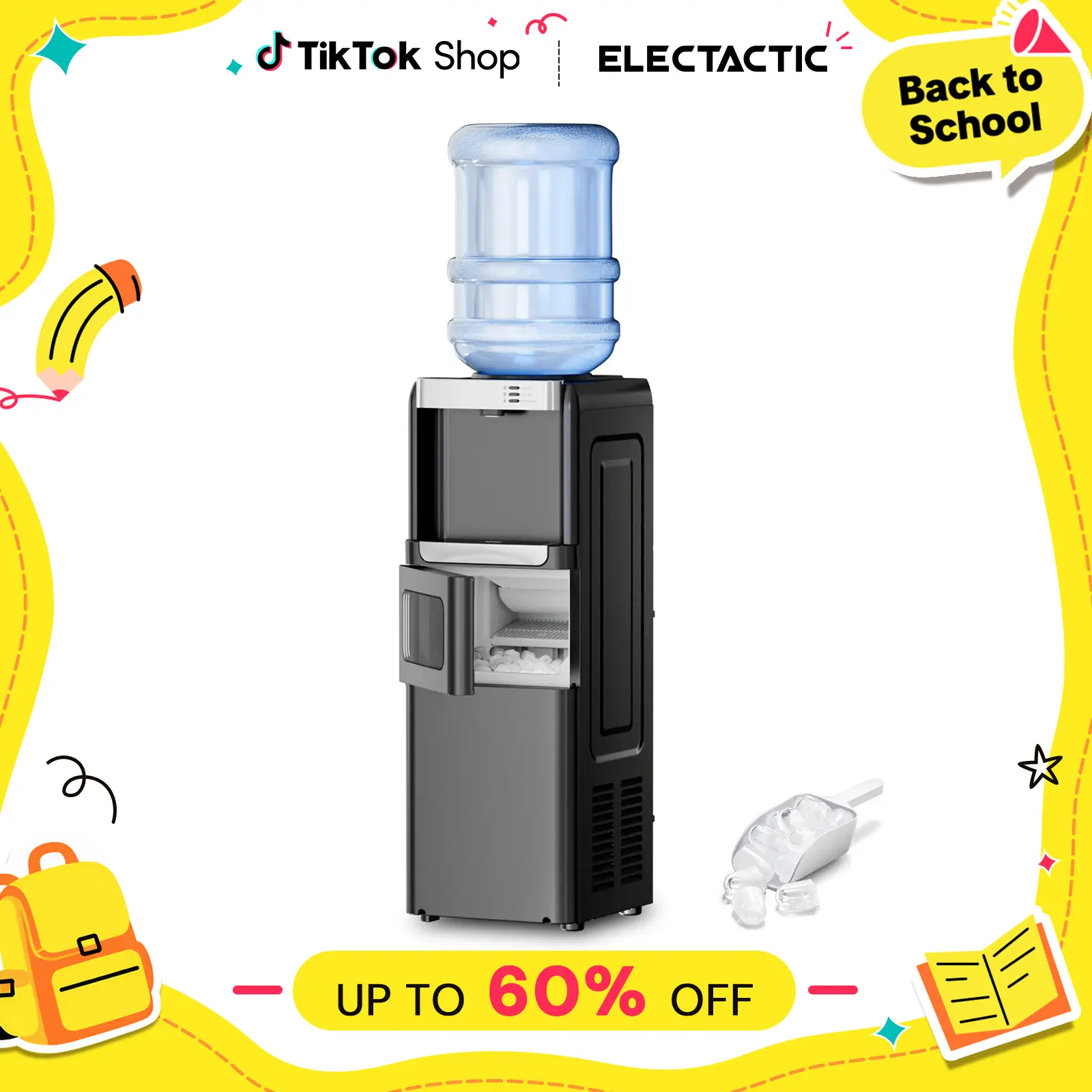 【BackToSchool】Electactic 3-in-1 Hot and Cold Water Cooler Dispenser with Built-in Ice Maker, for 3 to 5 Gallon Bottle Water Dispenser，with Child Safety LocK