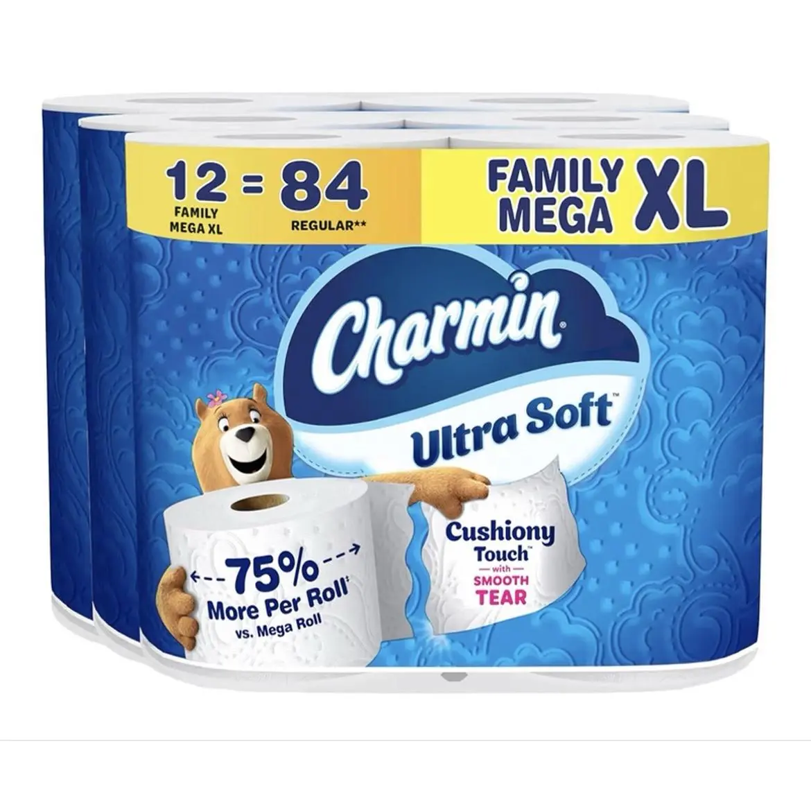 Charmin Ultra Soft Toilet Paper Bulk Packs - 12 Family Mega XL Rolls, 84 Regular Rolls, 75% More Per Roll, Cushiony Touch, Smooth Tear