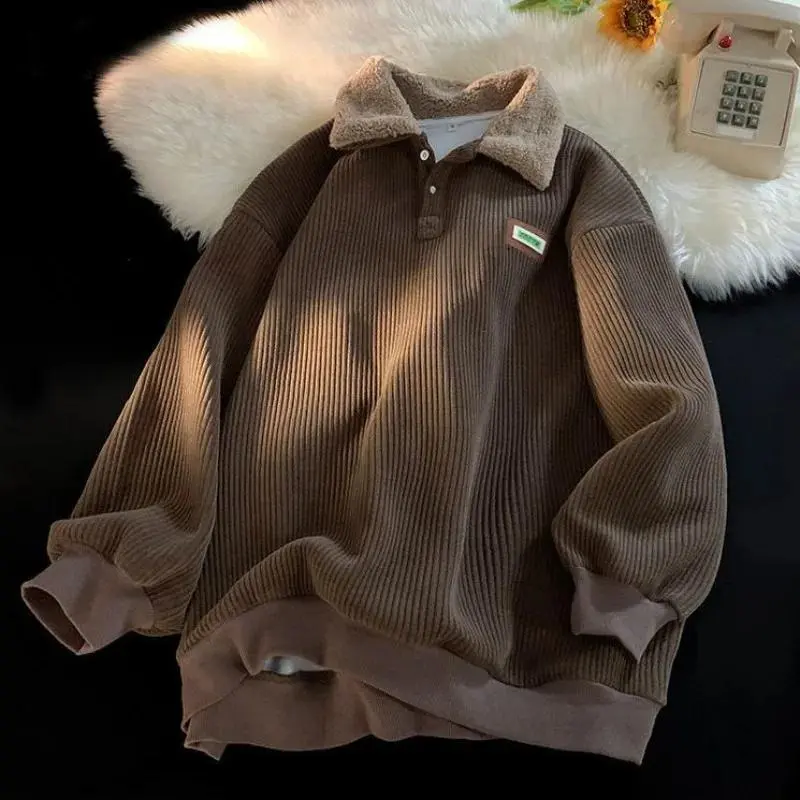 Corduroy Polo Sweatshirt for Women, Cute Simple Oversized Fit with Thick Velvet Lining and Long Sleeves for Autumn Winter, Lamb Wool, Luxurious Feel, Soft, Style