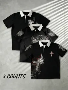 3-Pack Men's Y2K Grunge Polo Shirts | Vintage Cross Graphic Print Streetwear | Contrast Collar Short Sleeve Tee | Oversized Hip Hop Gothic Top for Men & Teens | Breathable Soft Fabric | Multi-Pack Value Set for Skater Aesthetic & Clubwear