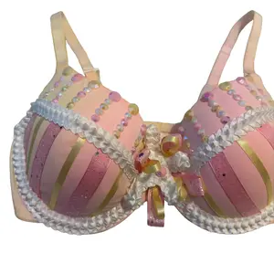Custom Costume Bra Handmade Detail in Pink and Yellow with Rhinestones Available in All Sizes