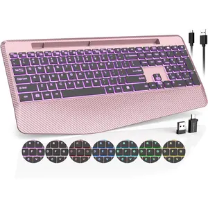 Keyboard with 7 Colored Backlits Wrist Rest, Phone Holder, Rechargeable   Keyboard with Silent Key, Full Size Lighted Keyboard for Windows, , PC, Laptop (Rose )
