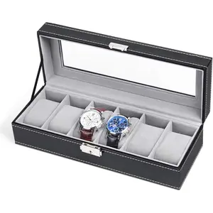 6 Slots Watch Box Organizer for Men, Black Watch Holder Stand Display Storage Case
