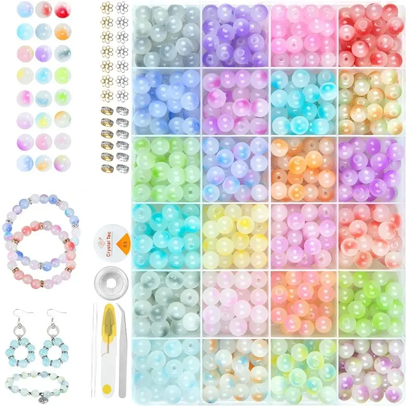 1Set Glass Beads for Jewelry Making, 8mm Colors Glass Crystal Beads Friendship Bracelets Making Kit for DIY Earrings Necklaces Rings