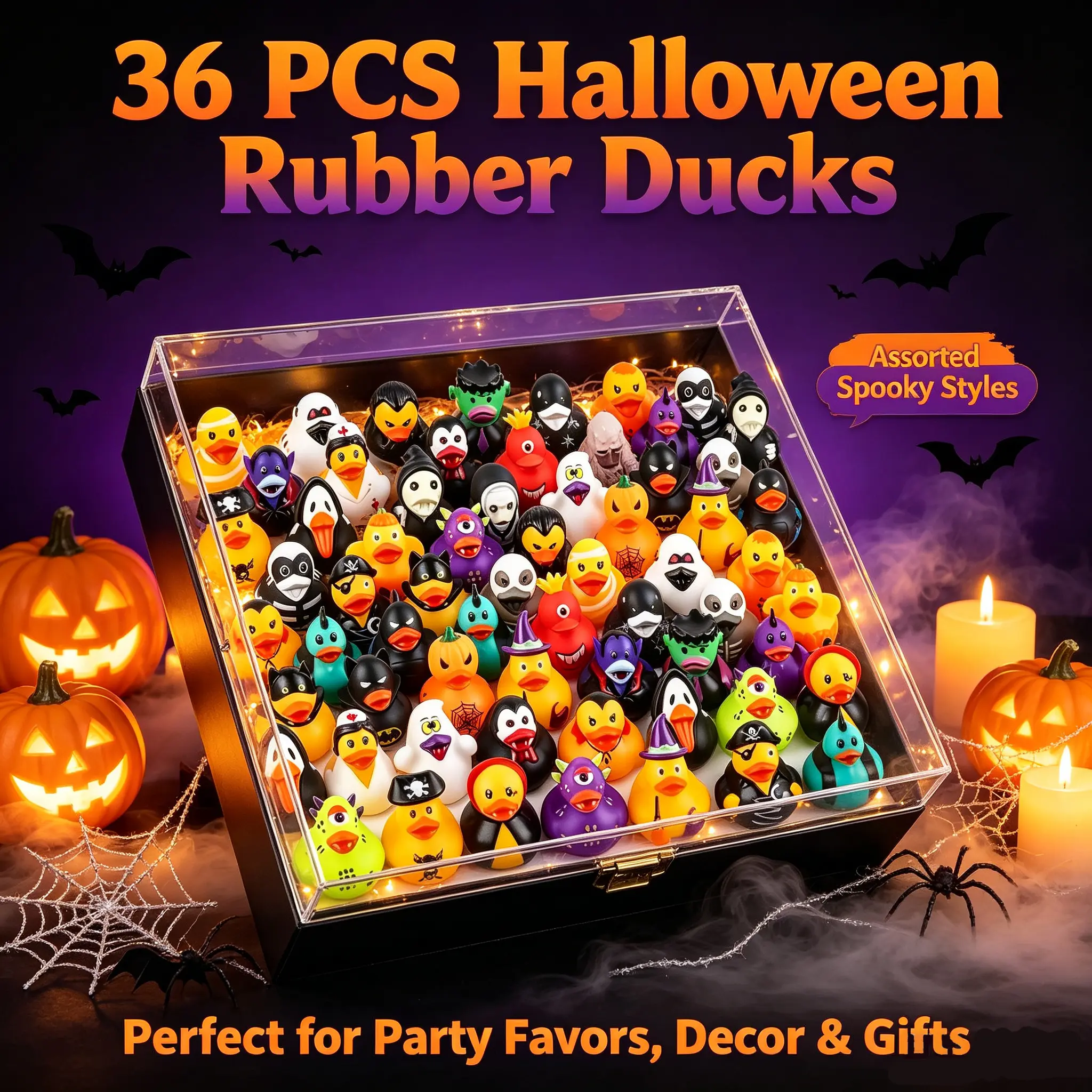 36 pcs assorted Halloween rubber ducks (bulk), 2-inch floating novelty ducks, Jeep “ducking” trend decor, trick-or-treat party favors, Halloween tabletop ornaments, holiday prize & gift supplies