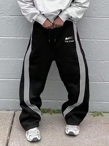 men's striped & letter print drawstring waist pants, regular fit casual comfy pocket straight leg trousers for daily wear, pants for men, fashion men's bottoms for all seasons, streetwear joggers