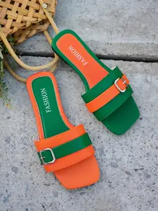 French Vintage Square Toe Sandals, Colorblock Wide Strap Slip-On Shoes, PU Leather, Medium Width, Rubber Sole, Fashion Commuter Footwear, Women