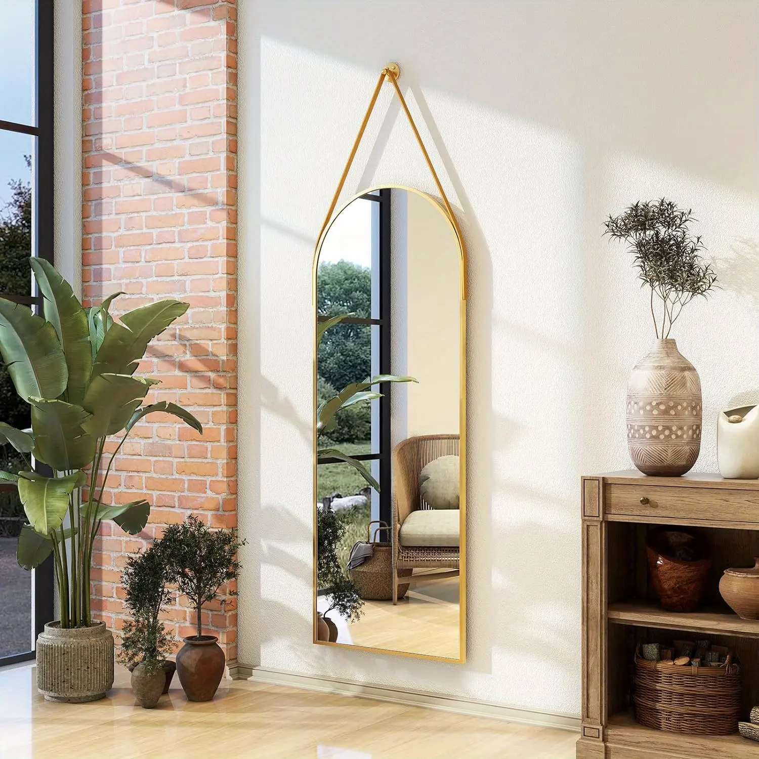 New Large 16x48 Gold Arched Full Body Hanging Mirror - Elegant Modern Aluminum Frame with Hanging Leather Cord - Perfect for Bathroom Vanity Living Room Bedroom and Entrance Decor
