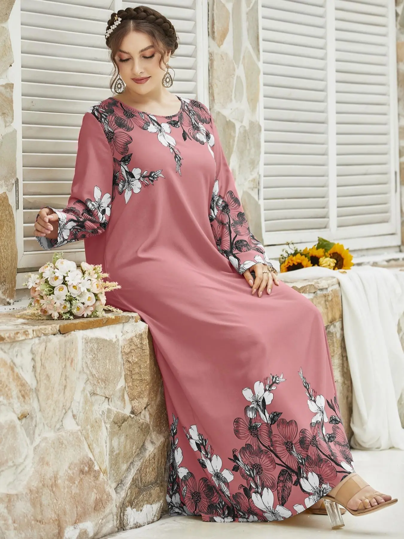 Plus Size Floral Print Long Sleeve Round Neck Tunic Dress, Casual Loose Long Dresses for Women Daily Wear, Ladies Clothes Autumn Fashion, Elegant