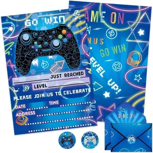 Video Game Party Invitation - 24 Set Fill-in Blue Gaming Birthday Invitation Cards with Envelopes Sticker for Boys Kids Double-Sided Printed Game On Invitations for Celebration Party Supplies