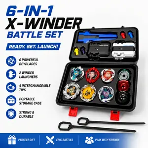 6-in-1 X-Winder Durable Battle Set with 2 Launchers & Pull Cords, Portable Storage Case, Interchangeable Tips for Kids Ages 6-12, Bey Battle Toy Fans, Birthday Party Favors