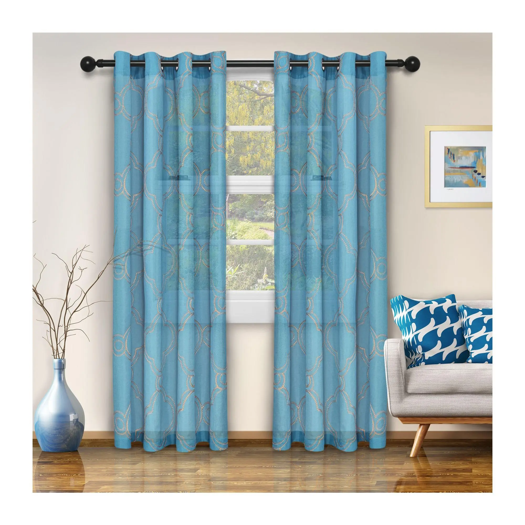 Superior Embroidered Moroccan Sheer Grommet Curtains, 52 X 96