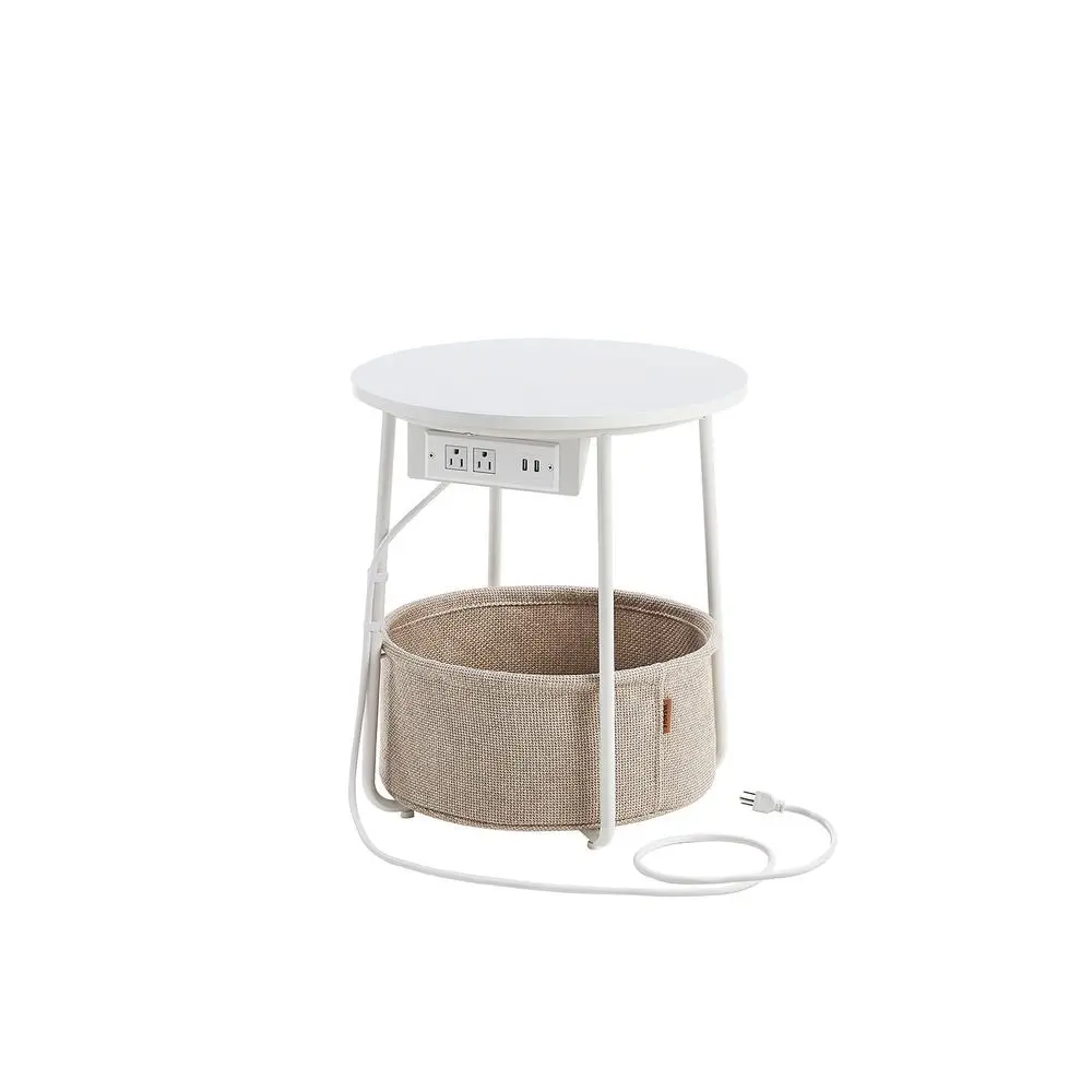 VASAGLE Modern Storage Nightstand - 17.7" Dia. Round Side Table with Charging Station, Power Outlets, USB Ports, Fabric Basket Hides Clutter, Stylish Bedside Table for Living Room, Bedroom, Modern Bedroom