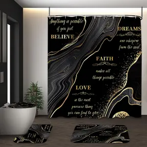 LVRLVR 4Pcs Black Gold Marble Swirl with Inspirational Quote Print Modern Glam Multi-Color Modern Bathroom Decor Shower Curtain Set 70.8×70.8 Inch