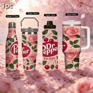 1pc 17.5/30/33/40oz Stainless steel insulated water bottle,With pink roses and cherries as the theme Dr Pepper,Various Sizes Available,Serve hot and cold beverages,Double-Perfect for Outdoor ,Coke enthusiast,Activities,Camping,Christmas, Halloween
