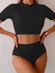 Women's Fashion Competition Two-Piece Swimming Swimsuit, Sexy Solid Color Short Sleeve Round Neck Swimwear, Sporty Style Bathing Suit, Rash Guard Swimsuits