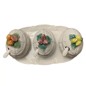 Capodimonte Vintage Set of Three Porcelain Condiment Jars with Spoons Matching Tray Decorative Floral Motif Serving Tableware Bowl