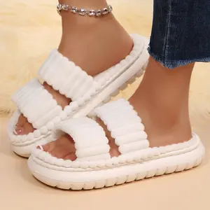 Women's Minimalist Stripe Design Fuzzy Bedroom Slippers, Warm Fluffy Open Toe Slippers for Women, Double Strap Plush Slippers