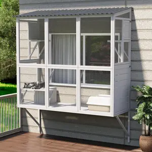 YODOLLA Catio Outdoor Cat Enclosure with Window Access, Large Window Catio Wood Cat House with 4 Platforms & 3 Doors for Napping & Nature Viewing