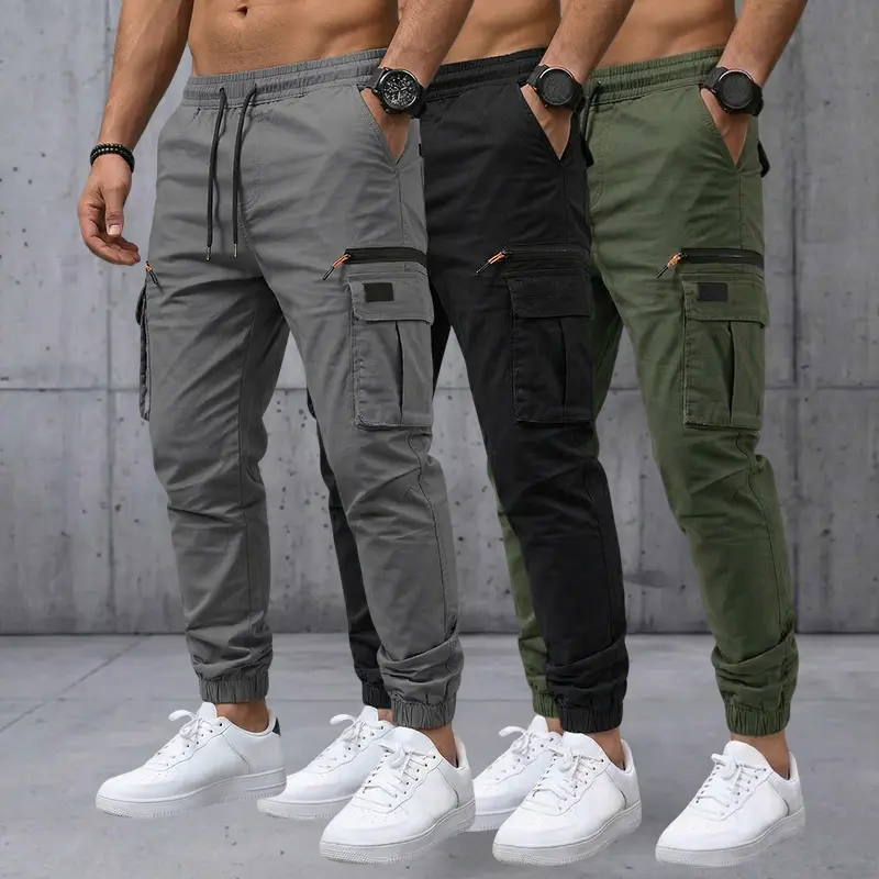 Men's Multi-Pocket Cargo Pants 3-Pack Casual Straight-Leg Tapered Harem Cargo Pants for Everyday Wear and Commuting in All Seasons Classic Fit Must-Have for Outdoor Enthusiasts - Trouser, Menswear Trouser, Gray/Black/Military Green, Drawstring