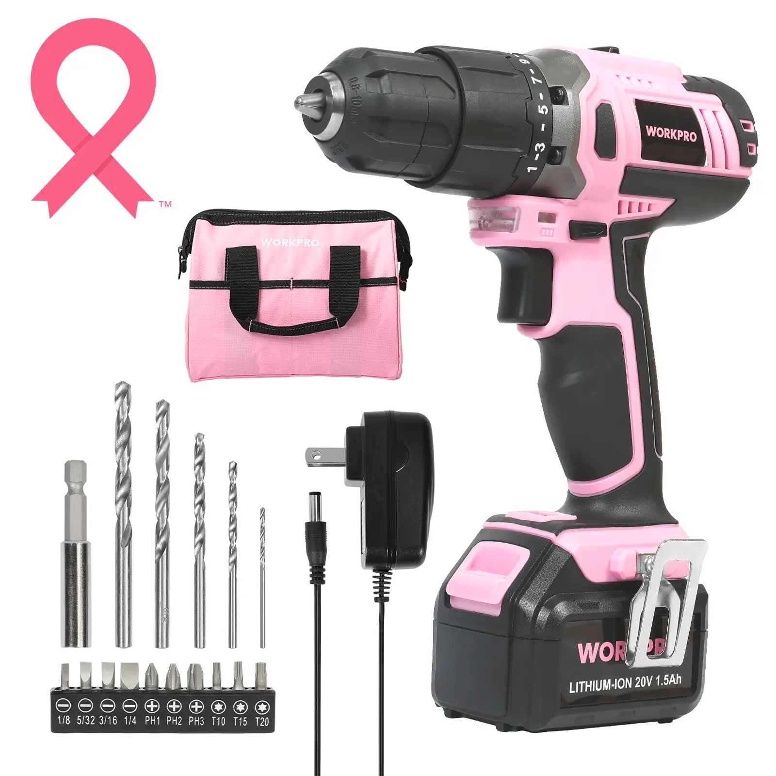 #backtoschool WORKPRO Pink Cordless 20V Lithium-ion Drill Driver Set, 1 Battery, Charger and Storage Bag Included - Pink Ribbon