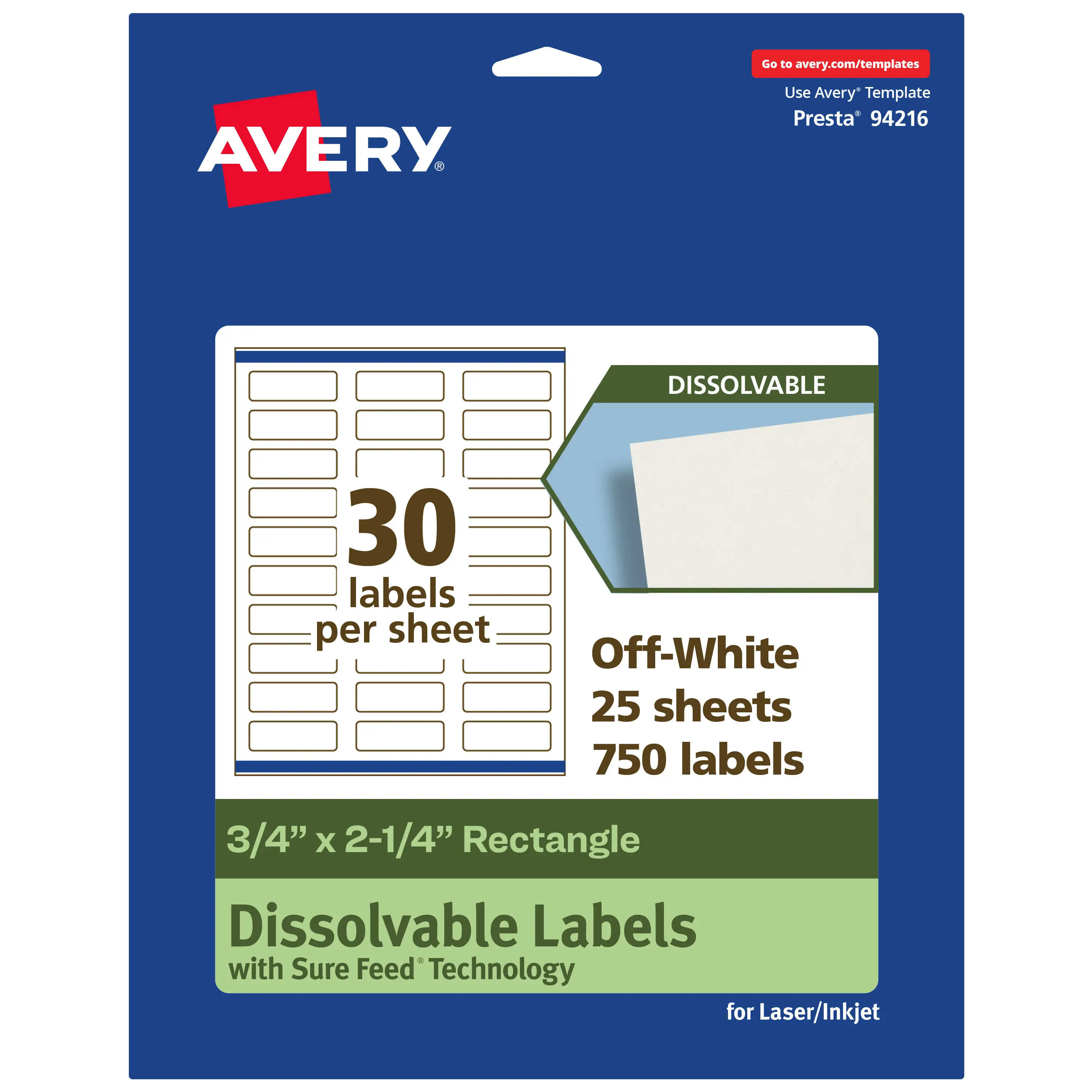 Avery Dissolvable Self Adhesive Labels, 0.75"x2.25" Rectangle, Eco-Friendly Printable Sticker Paper for Laser/Inkjet Printers