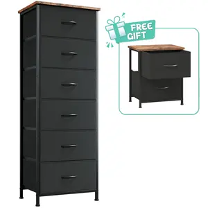 【Somdot】Somdot-Fabric Storage Tower with 6 Drawers,Bedroom Drawer Dresser Organizer,Chest of Drawers with Fabric Bins,Steel Frame and Wood Top for Bedroom,Closet,Entryway Assembled
