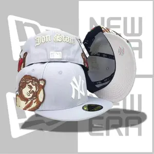 New Era New York Yankees 59FIFTY Fitted Cap – Grey “Jon Stan” Script, Angel Graphic Embroidery, White NY Logo, Unique Streetwear MLB Hat, Flat Brim Premium Unisex Cap