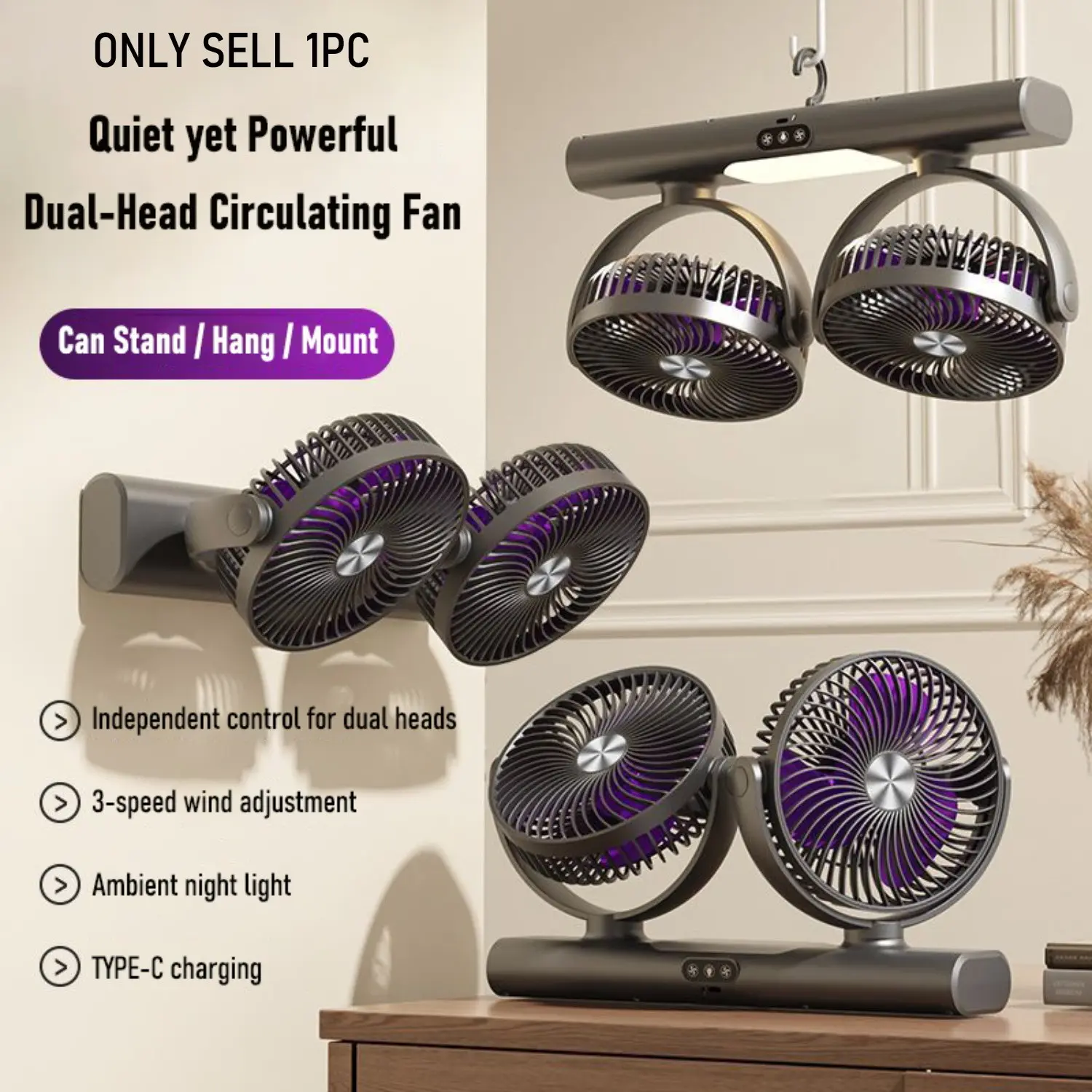 Dual Head Quiet Circulating Fan | 3 Speeds, Night Light, Type-C | Stand/Hang/Hook Portable Adjustable Fan Rechargeable Low Noise Cooling Fan Silent Adjustable Fan