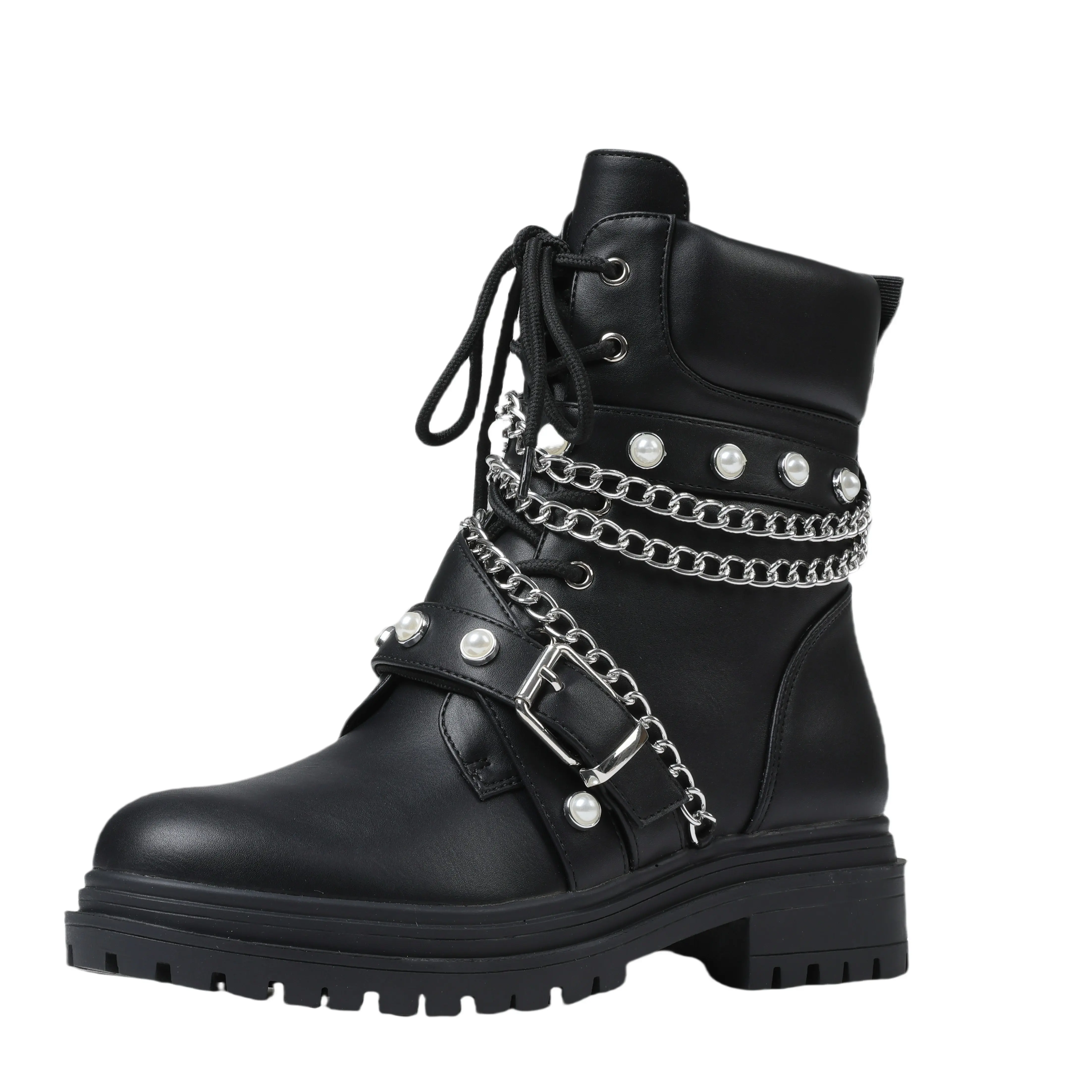 Women‘s Combat Boots Fashion Chain Studded Boots Lace up Military Boots Pearl Motorcycle Ankle Booties with Side Zipper