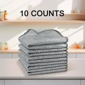 10 Counts Dishwashing Rags, Multipurpose Non-Scratch Wire Dishcloths for Wet and Dry Use, Reusable Kitchen Cleaning Cloths for Sinks, Pans & Dishes, Silver, Removable, Washable & Durable